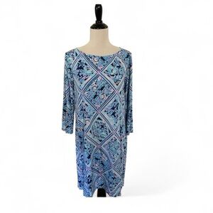 Lilly Pulitzer Blue and Pink Floral and Beach Themed Mini Dress 3/4 Sleeve XL